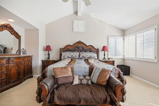 bedroom with lofted ceiling with beams, ceiling fan, and light colored carpet