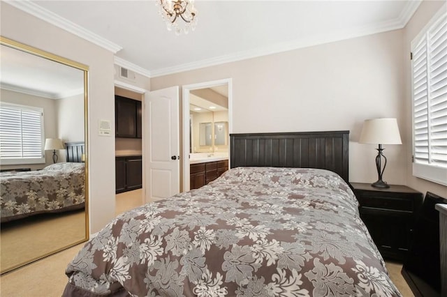 bedroom with connected bathroom, light colored carpet, a closet, and ornamental molding