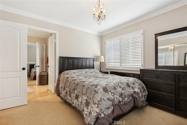 bedroom featuring crown molding, light carpet, and a chandelier