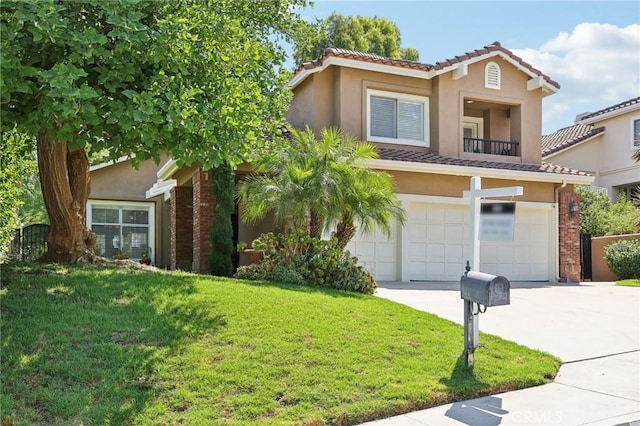 view of front of home with a front yard, a balcony, and a garage