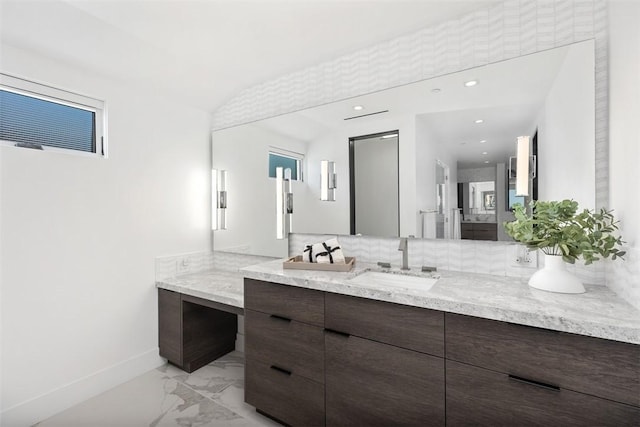 67 Monarch Bay Dr, Dana Point, CA 92629 - bathroom featuring vanity, baseboards, recessed lighting, and marble finish floor