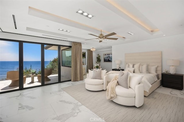 67 Monarch Bay Dr, Dana Point, CA 92629 - bedroom with a ceiling fan, marble finish floor, a water view, and access to exterior