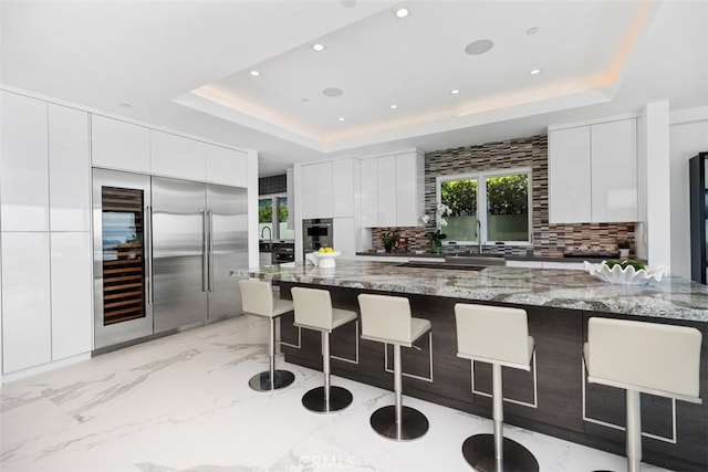 kitchen with appliances with stainless steel finishes, dark stone counters, a tray ceiling, and white cabinets