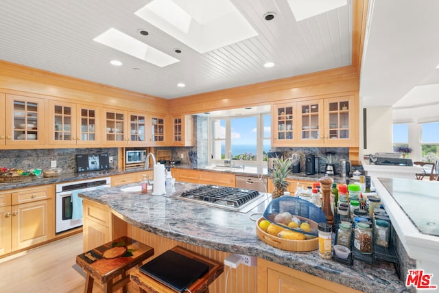 kitchen with a breakfast bar, a skylight, stainless steel appliances, and a wealth of natural light