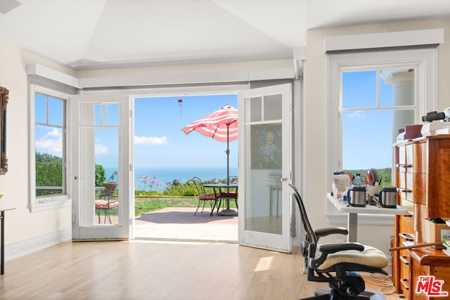 office space featuring light hardwood / wood-style floors, a healthy amount of sunlight, a water view, and lofted ceiling