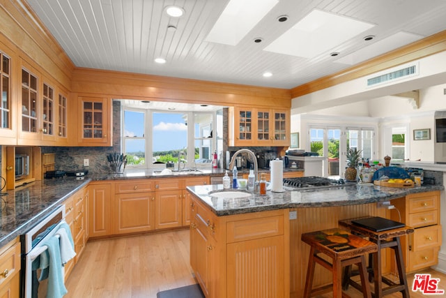 kitchen featuring an island with sink, a skylight, light hardwood / wood-style flooring, and plenty of natural light