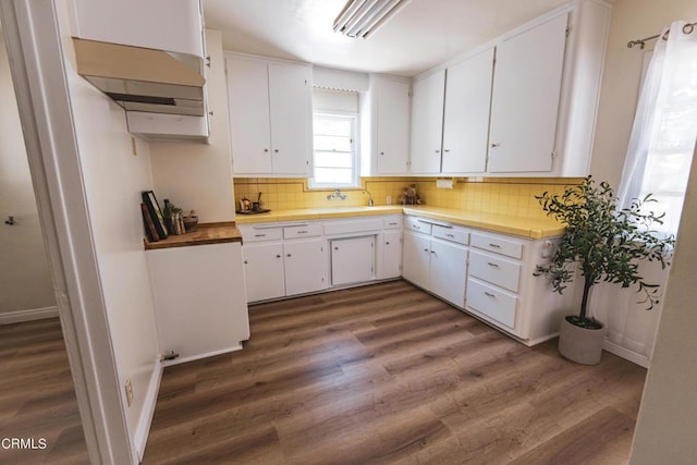 kitchen with backsplash, white cabinetry, and dark wood-type flooring