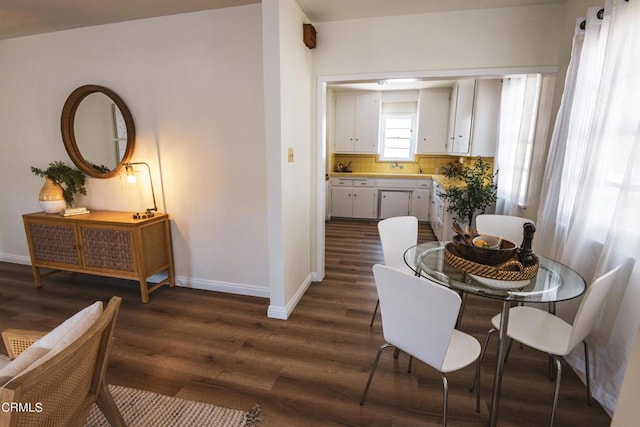 dining space featuring sink and dark wood-type flooring