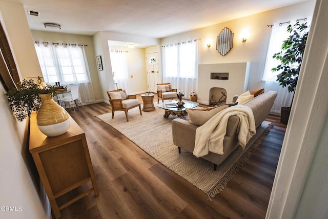 living room featuring a healthy amount of sunlight and dark hardwood / wood-style floors