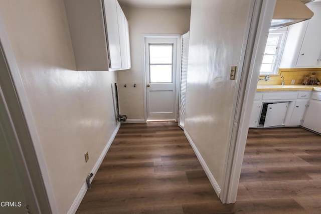 corridor with dark hardwood / wood-style flooring and sink