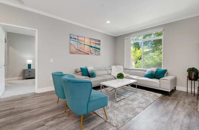 living room featuring hardwood / wood-style floors and crown molding