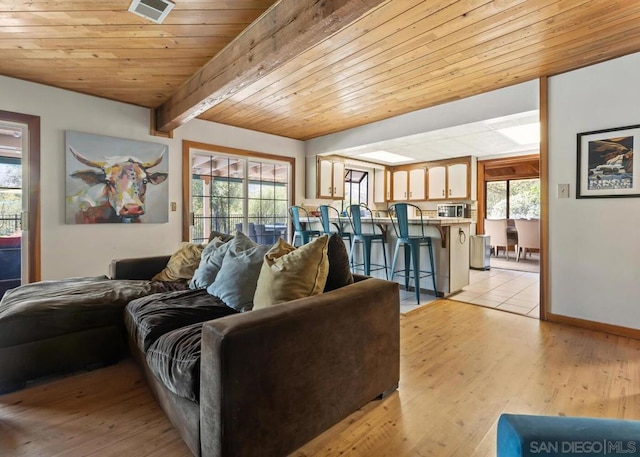 living room featuring beamed ceiling, light hardwood / wood-style flooring, and wooden ceiling