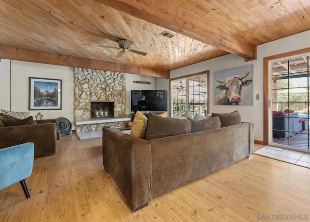 living room with wood ceiling, beam ceiling, light hardwood / wood-style flooring, a fireplace, and ceiling fan