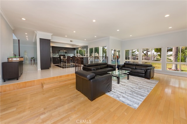 living room with light wood-type flooring, crown molding, and a wealth of natural light