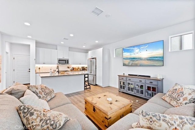 living room featuring light hardwood / wood-style floors and sink