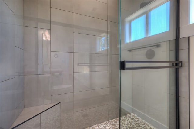 bathroom featuring a shower with door