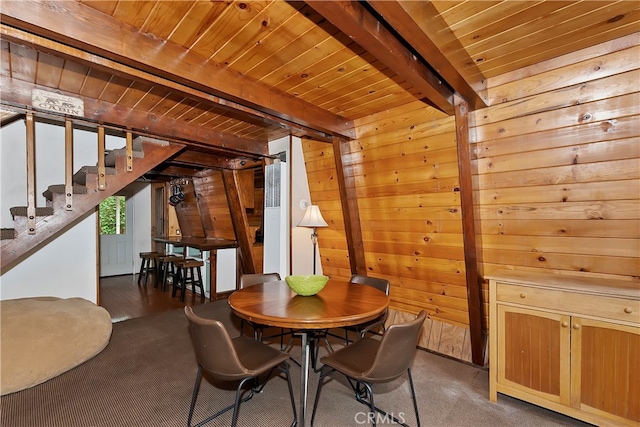 dining room featuring wood ceiling, beamed ceiling, wooden walls, and dark hardwood / wood-style floors