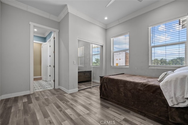 bedroom featuring multiple windows, a closet, light hardwood / wood-style flooring, and ceiling fan