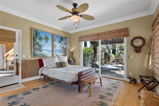 bedroom with baseboards, a ceiling fan, light wood-style flooring, access to outside, and crown molding