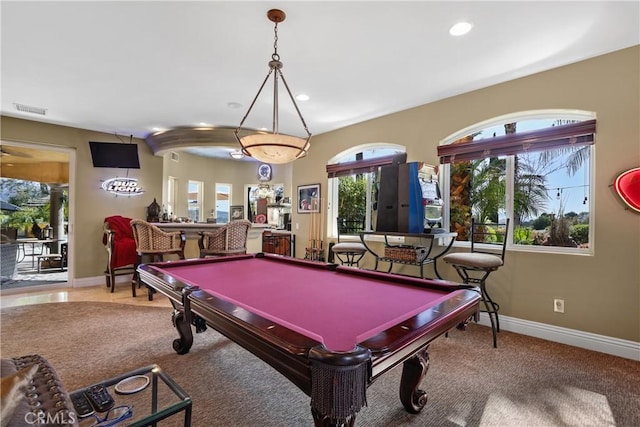 rec room featuring recessed lighting, pool table, visible vents, baseboards, and carpet