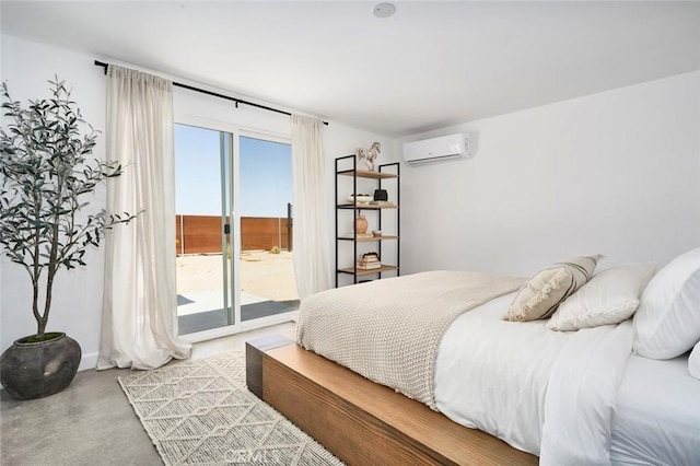 bedroom featuring access to exterior, a wall mounted air conditioner, and multiple windows