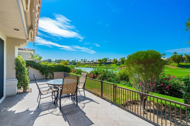 view of patio / terrace featuring a water view