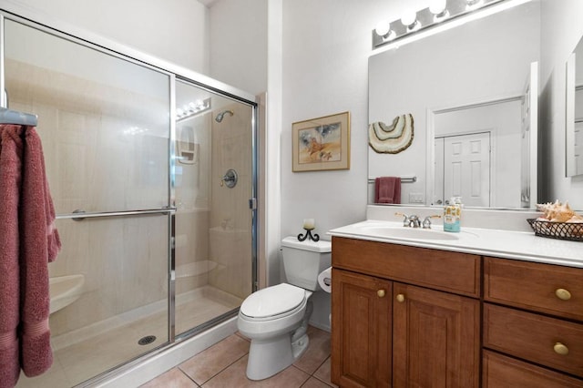 bathroom with tile patterned flooring, vanity, toilet, and an enclosed shower