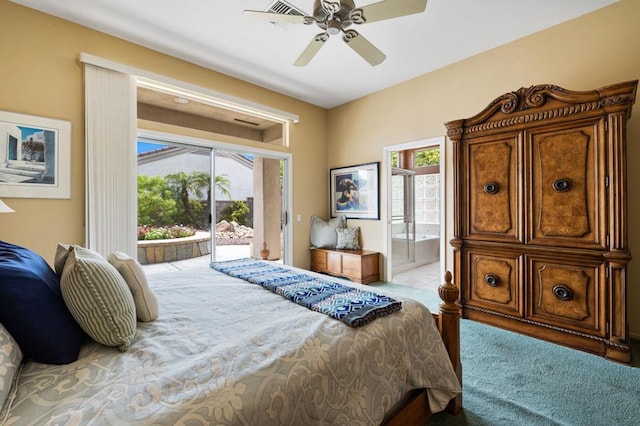 bedroom with access to outside, ensuite bath, multiple windows, and ceiling fan