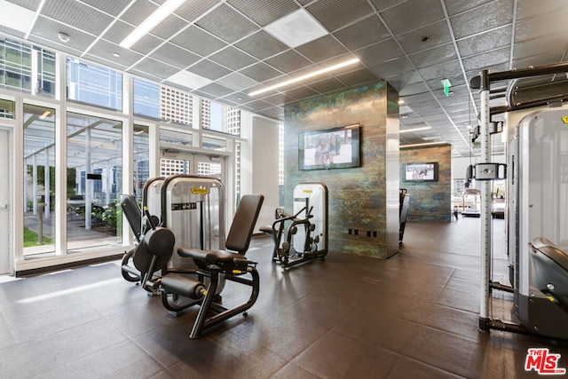 exercise room featuring floor to ceiling windows and a high ceiling