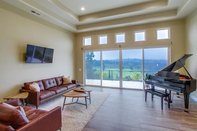 living room featuring hardwood / wood-style flooring, a towering ceiling, and a raised ceiling