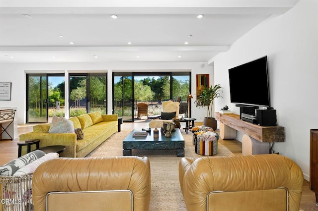 living room featuring plenty of natural light, beam ceiling, and light hardwood / wood-style flooring