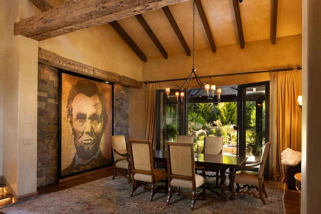 dining space featuring a notable chandelier, beamed ceiling, dark hardwood / wood-style floors, and high vaulted ceiling