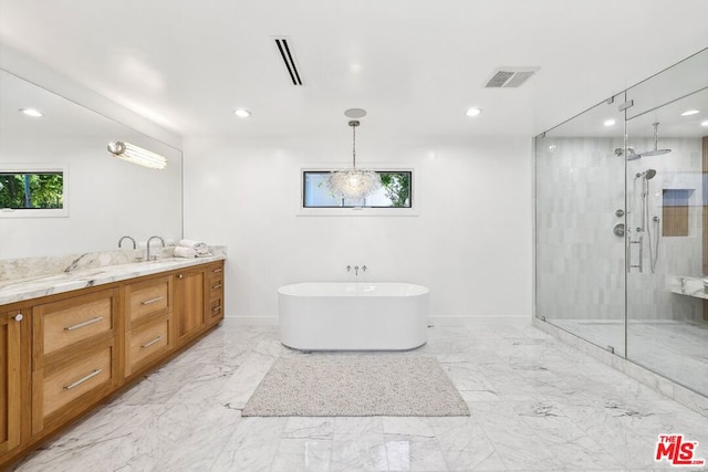 bathroom with vanity and separate shower and tub