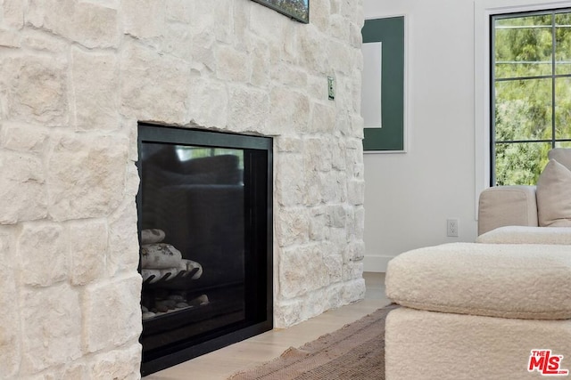 room details featuring a stone fireplace and hardwood / wood-style floors