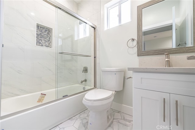 full bathroom with shower / bath combination with glass door, toilet, and vanity