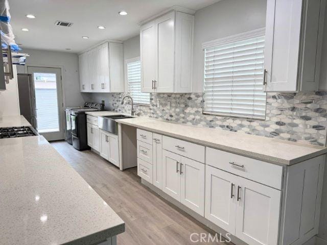 kitchen with white cabinets, light wood-type flooring, a healthy amount of sunlight, and sink