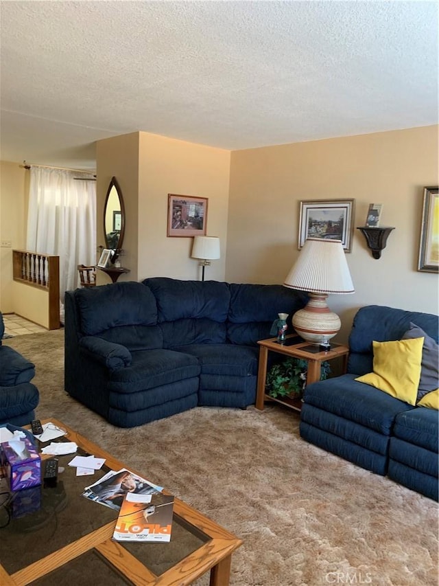 living room featuring a textured ceiling and carpet