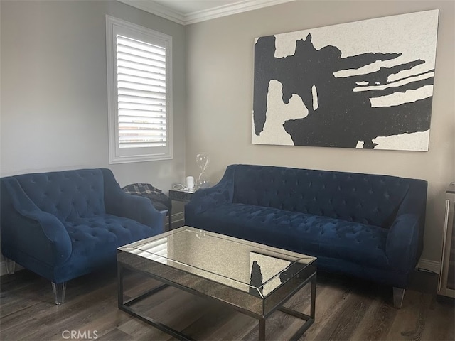 living room featuring wood-type flooring and ornamental molding