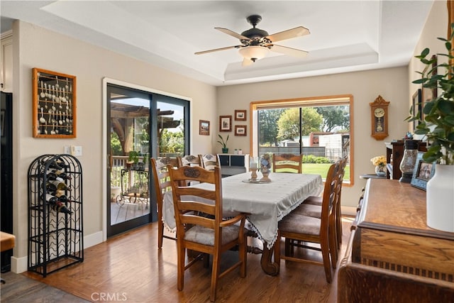 dining area featuring a tray ceiling, wood-type flooring, and ceiling fan