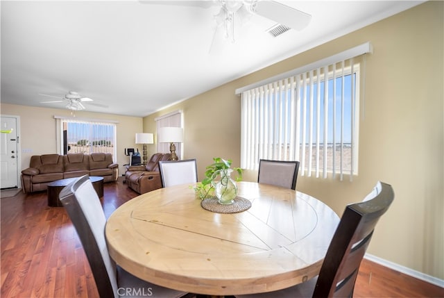 dining room featuring dark wood-type flooring and ceiling fan