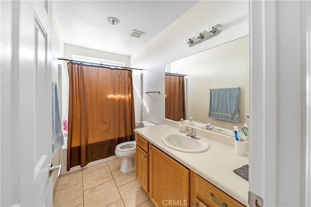 full bathroom with vanity, toilet, shower / bathtub combination with curtain, and tile patterned flooring