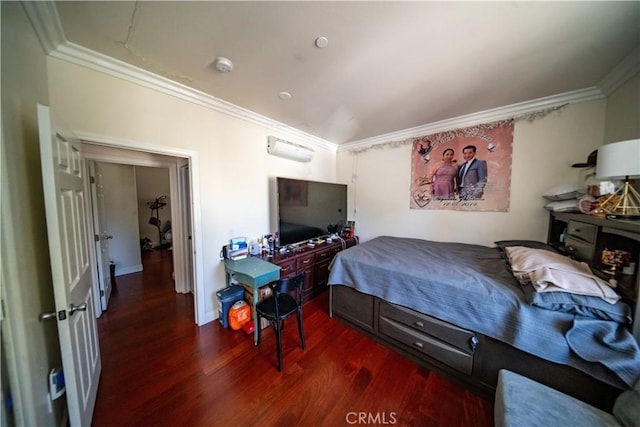 bedroom with crown molding, wood finished floors, and a wall mounted air conditioner