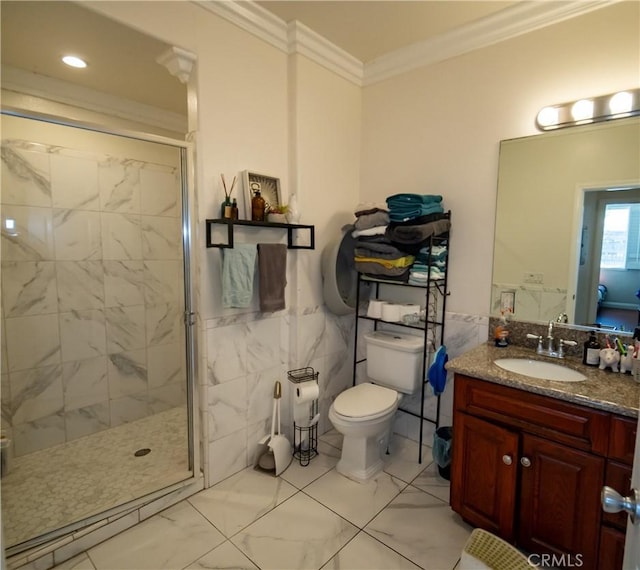 bathroom with tile walls, ornamental molding, a stall shower, and marble finish floor