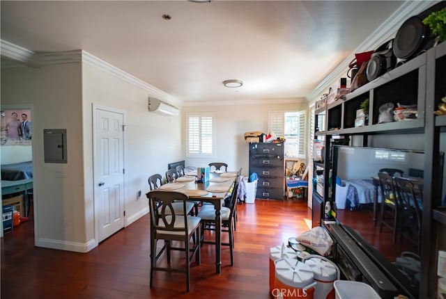 dining space with dark wood-type flooring, electric panel, and crown molding