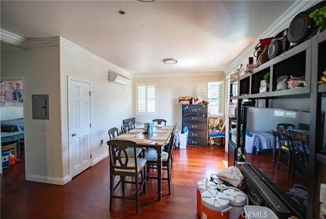 dining area featuring crown molding, a wall mounted AC, wood finished floors, and electric panel