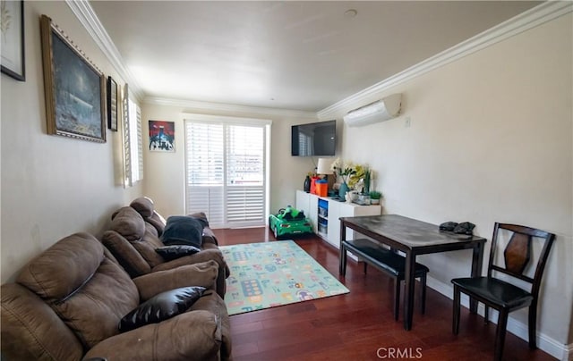 living area featuring crown molding, dark wood-style flooring, and a wall unit AC