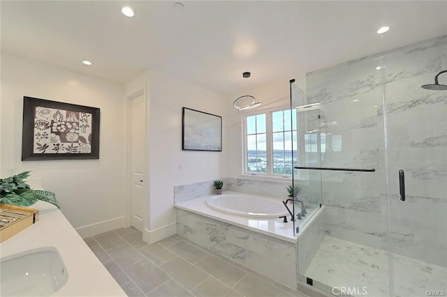 20487 Gartel Dr, Walnut, CA 91789 - full bath featuring a bath, a marble finish shower, recessed lighting, vanity, and baseboards