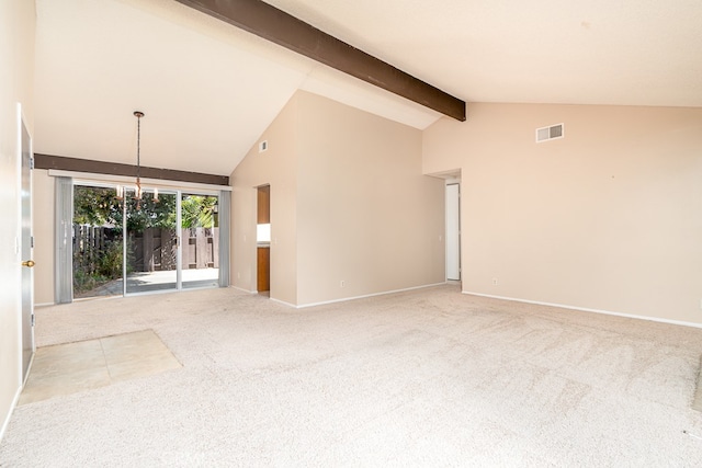 empty room with beamed ceiling, carpet flooring, and high vaulted ceiling