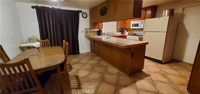 kitchen featuring white appliances and kitchen peninsula