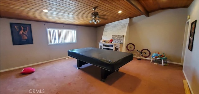 recreation room featuring billiards, vaulted ceiling with beams, carpet floors, and wooden ceiling